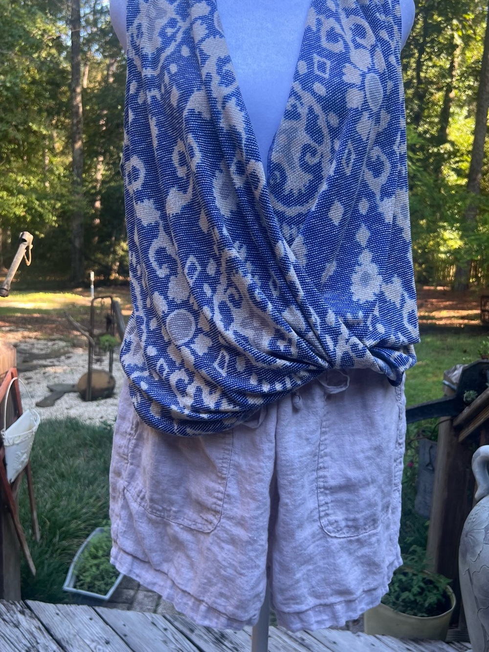 Bobeau Large Blue Taupe Floral Draped Cowl Neck Boho Top